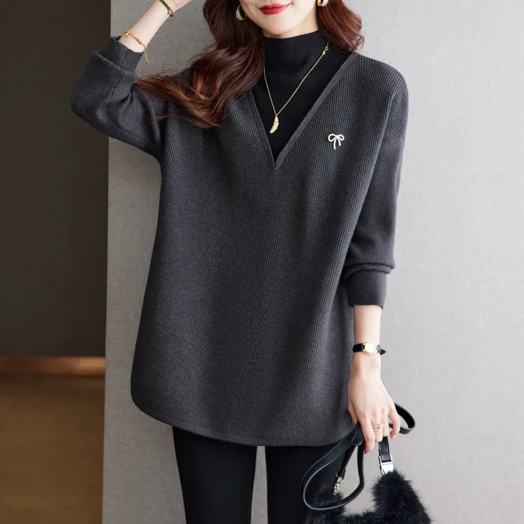 假两件大码女装设计感冬季打底衫女毛衣遮肚子时髦高级感内搭上衣
