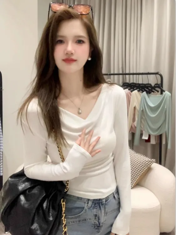 法式大码一字肩荡领长袖T恤女春秋高级感修身显瘦内搭打底衫上衣