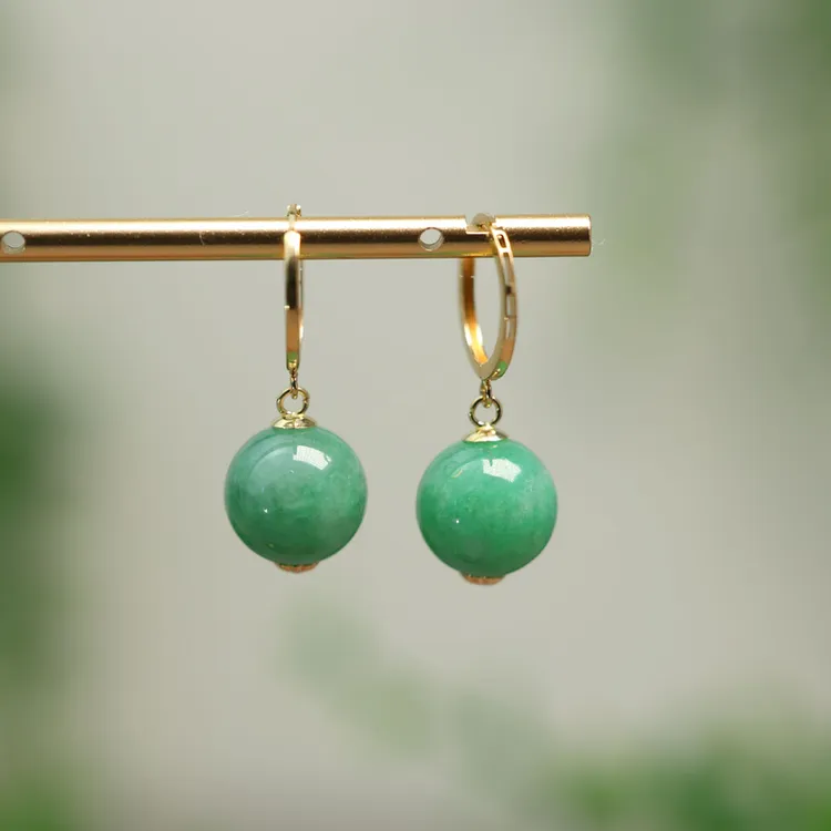 #K459 18K金镶嵌满绿缅甸天然A货素面圆珠子耳坠耳圈耳包耳扣款