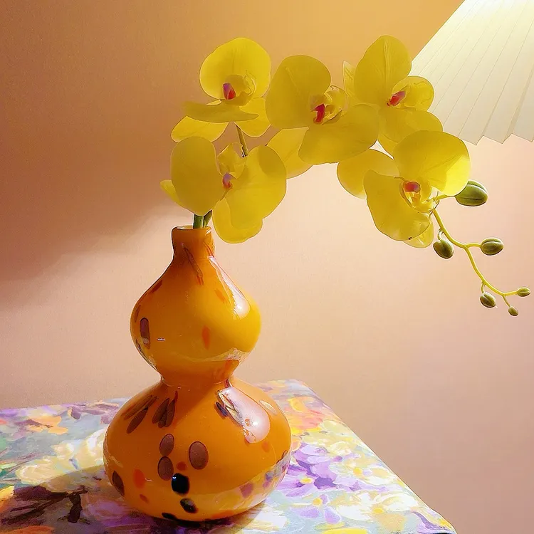 鸡油黄手绘琉璃葫芦花瓶玄关摆件福禄寓意好