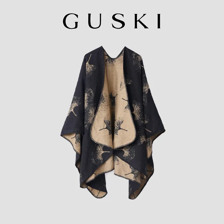 GUSKI 披肩民族风百搭保暖流苏花卉时尚传统中国风冬季双面女围巾