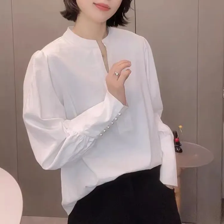 【店铺热销】法式长袖高级感衬衫极简风纯色春季新款圆领半拉链衬衣