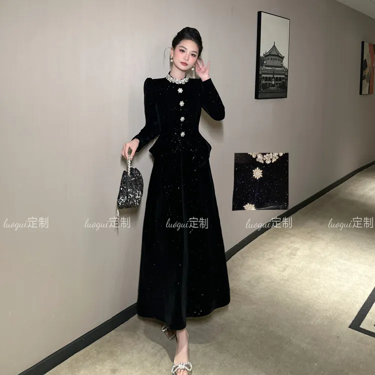 【花花原创】时尚复古长款拼接收腰气质显瘦法式赫本风连衣裙15361