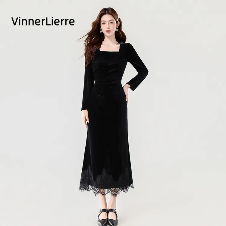 薇妮诺秋冬新款法式优雅气质蕾丝长款连衣裙女高级感时尚百搭