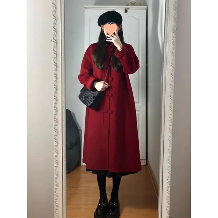 复古盘扣红色呢子大衣女2025年秋冬新款韩系赫本风气质加厚毛呢外