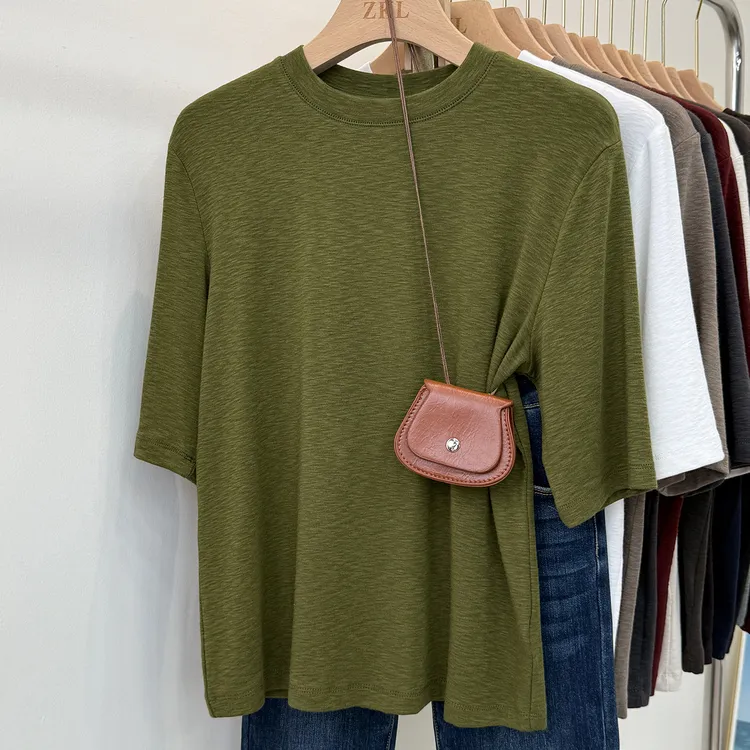 别致五分袖上衣女2025早秋配外套中袖t恤小圆领正肩显瘦弹力小衫