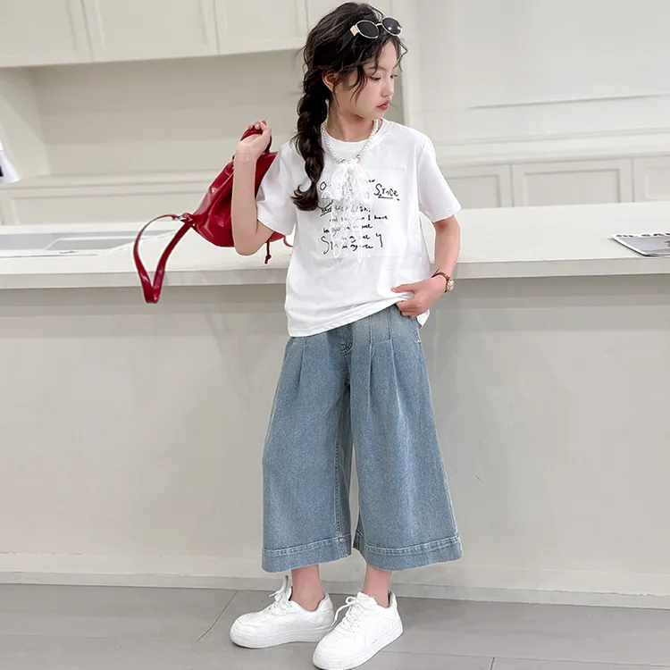 女童夏装套装新款洋气儿童字母短袖牛仔裤中大童七分阔腿裤两件套