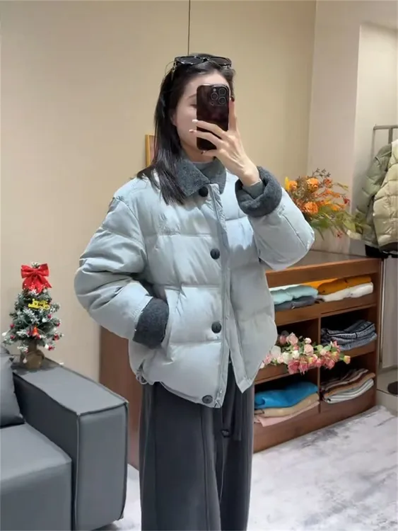 拼接撞色翻领棉服女2025冬季新款短款加厚保暖设计感小个子外套潮