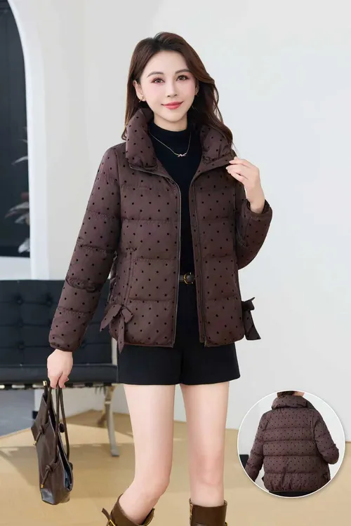 【羽绒服】7731植绒波点蝴蝶结立领羽绒
