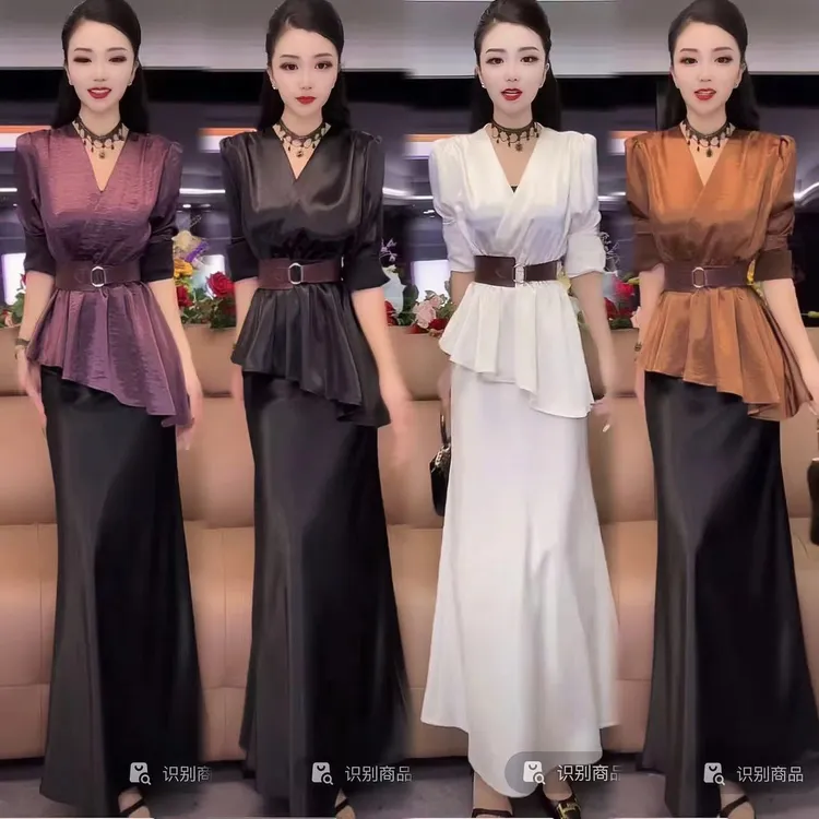 气质V领设计感不规则斜边荷叶边系带收腰显瘦百搭上衣女2355#