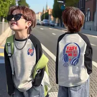 男中大童长袖纯棉秋装2024新款衣服儿童插肩拼接色休闲圆领潮酷帅
