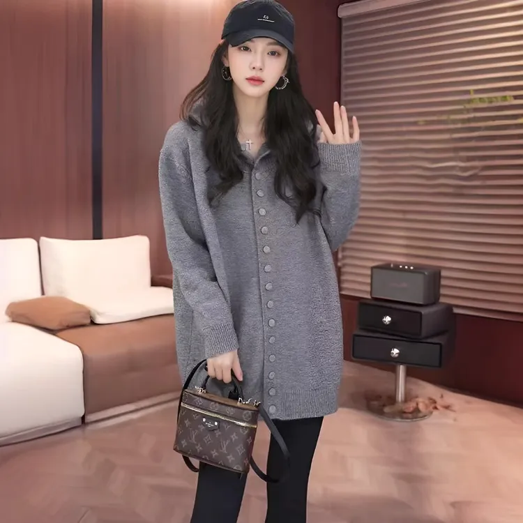 慵懒风连帽针织衫女开衫上衣春秋冬季新款卫衣韩版宽松毛衣外套