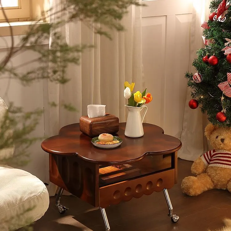 法式复古花瓣朵茶几客厅可移动升降中古家具小户型实木边几茶桌子