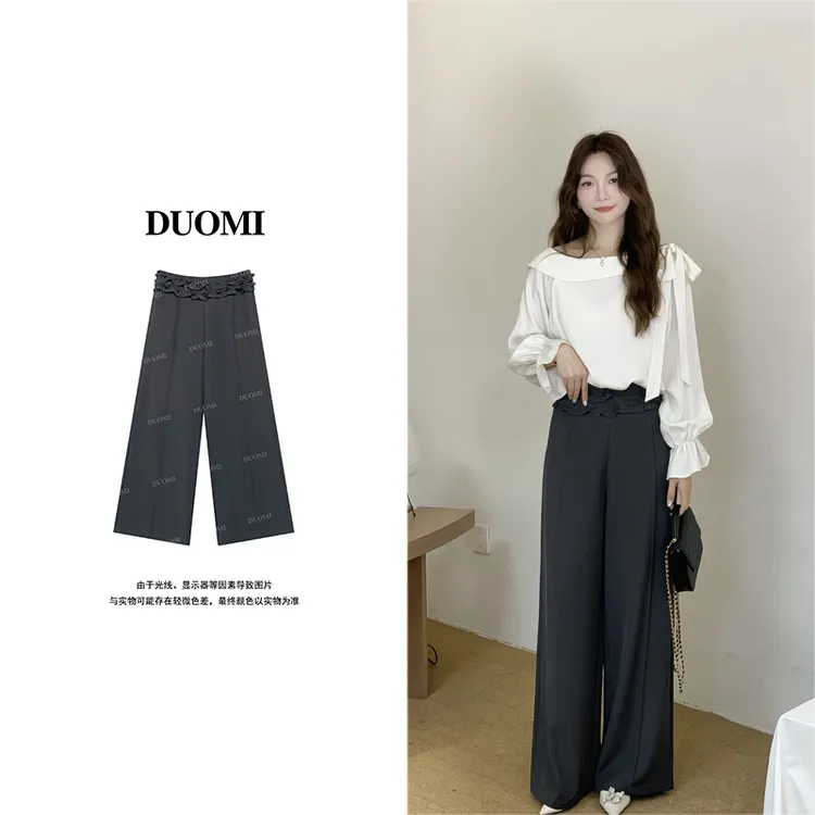 【DUOMI】秋新款女装百搭时尚拼花边设计感休闲西裤女长裤D7550