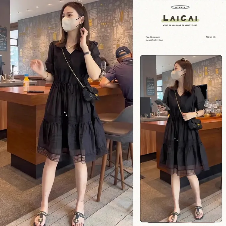 2025夏季新款洋气收腰V领泡泡袖收腰宽松A字裙百搭显瘦气质