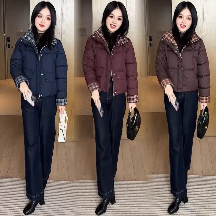 时尚立领短款棉服女冬季新款复古格子拼接加厚保暖面包服棉袄外套