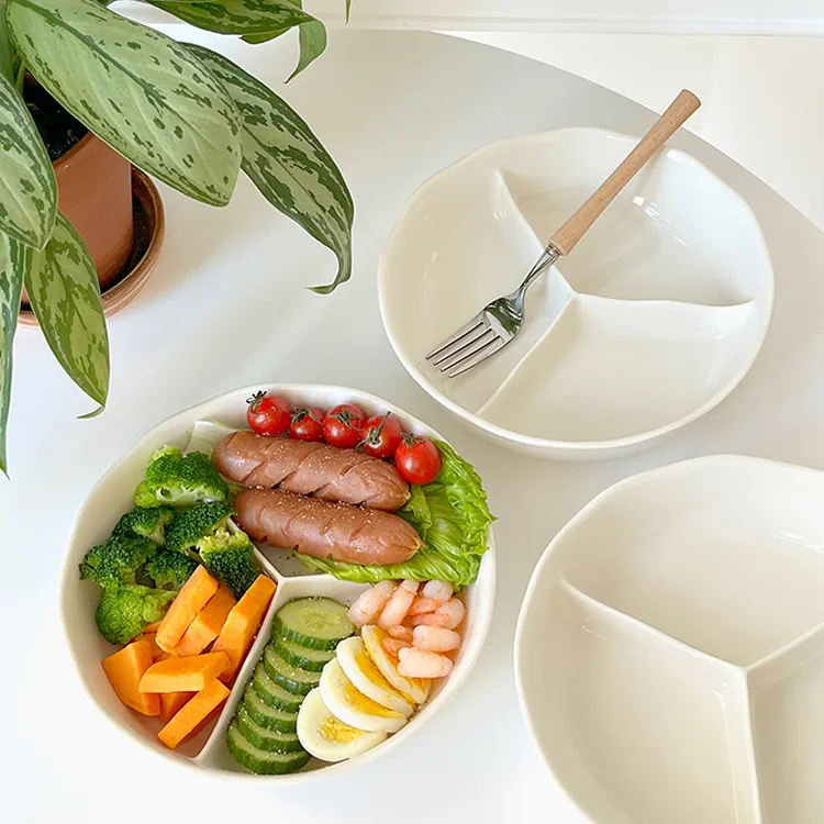 穆尼白色简约分格餐盘陶瓷三分格早餐分餐盘分隔餐具盘子碗家用