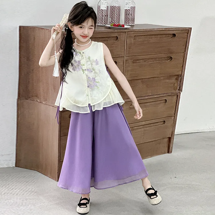 女童新中式无袖阔腿裤套装2025新款国风上衣防蚊两件套夏季薄款