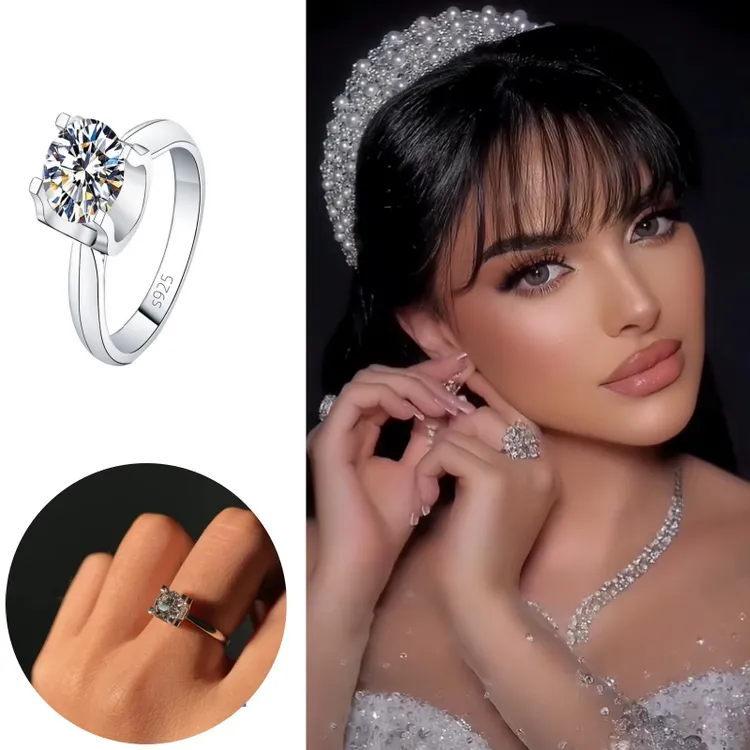 925银莫桑石戒指 D色莫桑石钻戒四爪牛头生日礼物戒指送女友时尚