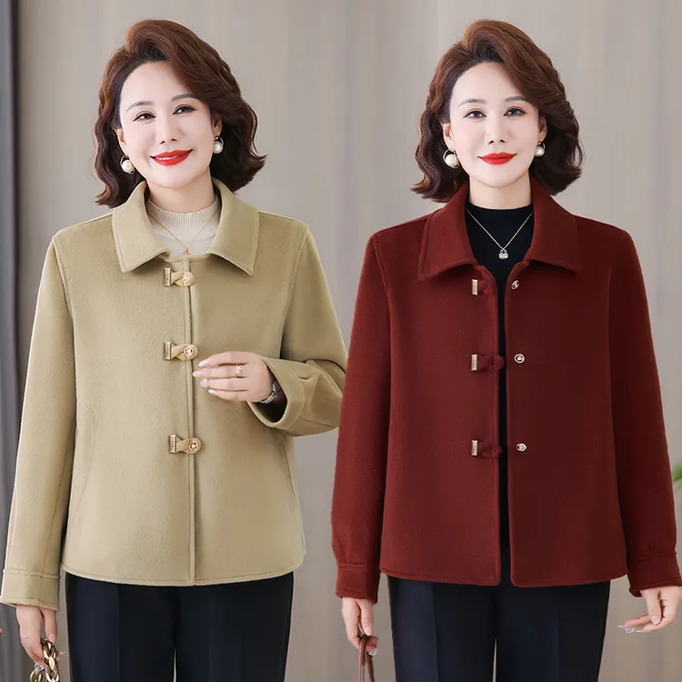中年妈妈秋装外套2025新款50岁洋气中老年女装春秋短款双面呢大衣