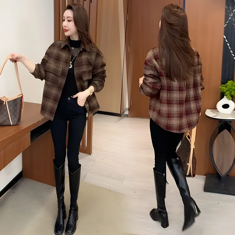 雅鹿2025秋季新款加厚舒适时尚百搭格子外套休闲复古衬衣
