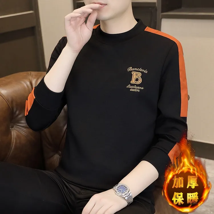 秋冬季男士半高领长袖加绒休闲打底衫加厚保暖超柔空气层男装卫衣