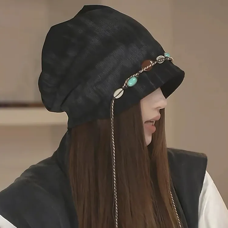 2025新款复古波西米亚风绿松石串珠堆堆帽女扎染流苏民族风包头帽