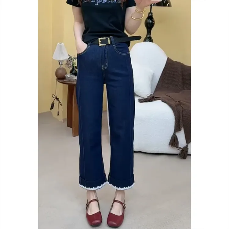 艾塔莉深蓝色拼接蕾丝牛仔裤女夏新款设计感直筒裤显瘦九分阔腿裤