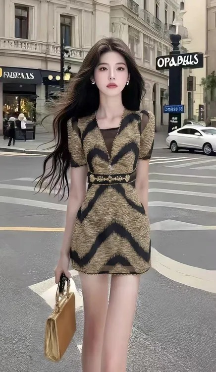 新款时尚氛围感高端大气褐色低领短袖修身收腰别致设计感连衣裙女