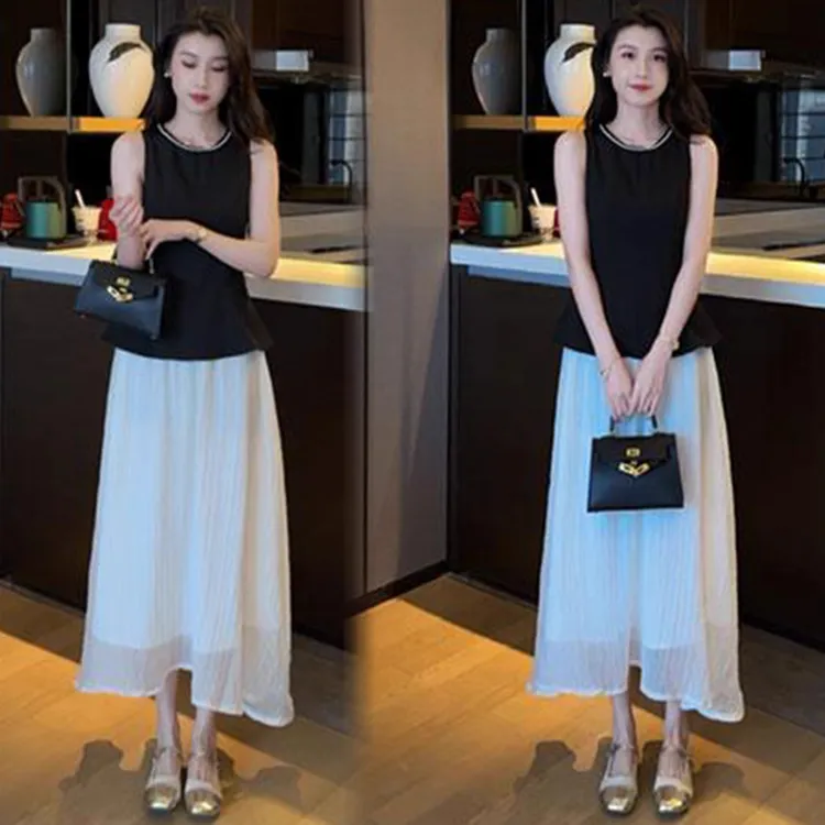 时尚套装女2025夏季新款气质小众设计感钉珠小衫中长裙摆套装潮