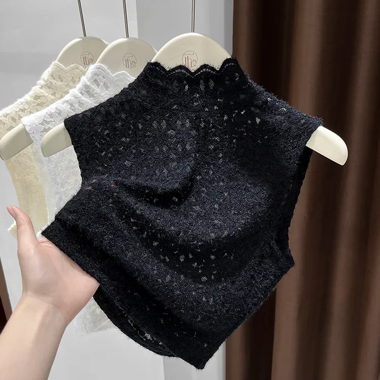 半高领磨毛蕾丝打底衫女春秋新款洋气内搭假领子无袖背心薄款上衣
