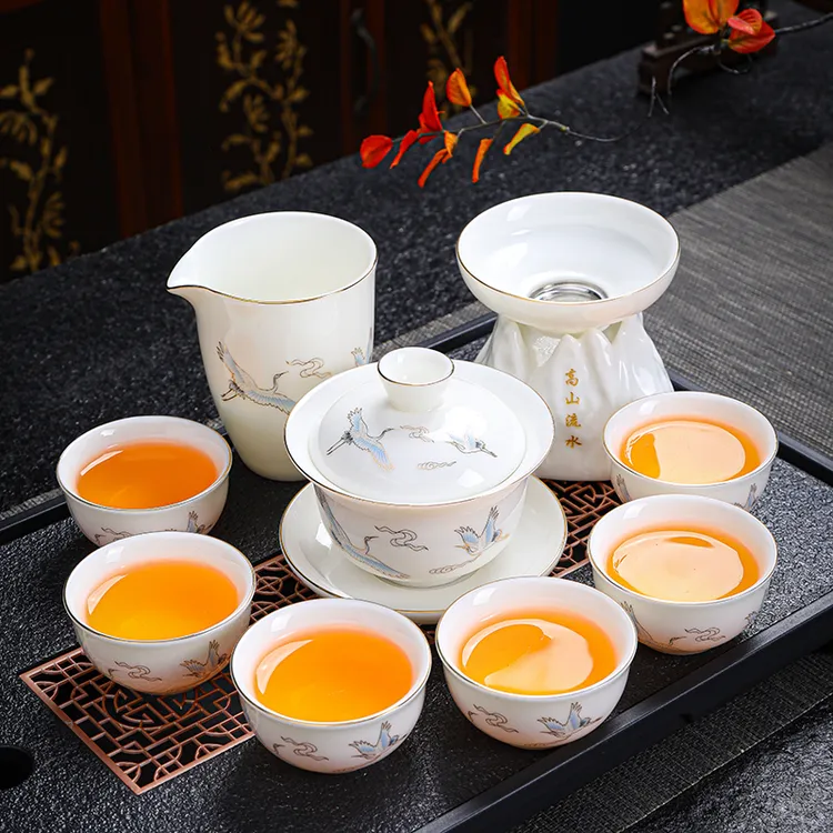 语诗阁羊脂玉白瓷高级功夫茶具套装家用办公室泡茶器具陶瓷盖碗杯