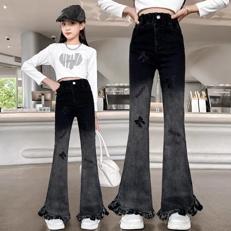 女童喇叭裤2025春秋新款外穿弹力修身牛仔裤子秋冬加绒儿童中大童