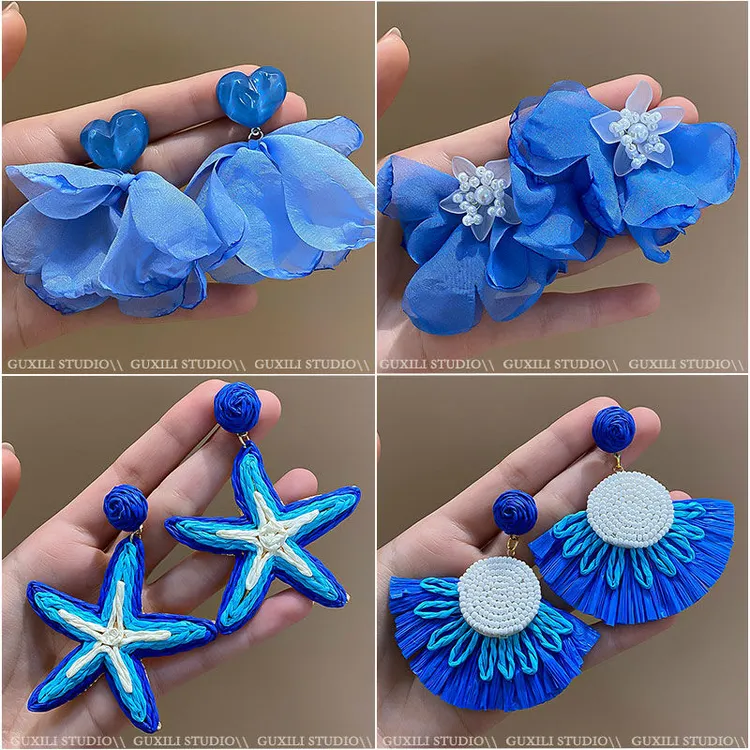 海盐蓝~多巴胺编织海盐星星耳环夏日海边度假风个性夸张气质耳坠