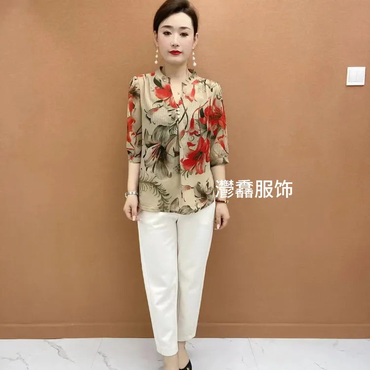 2025新款小立领中老年女装中袖洋气时尚小衫气质显瘦妈妈装