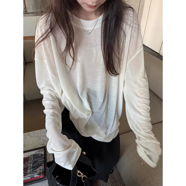 水肌面膜T恤80%天丝柔软圆领宽松显瘦防晒长袖上衣夏季休闲慵懒女