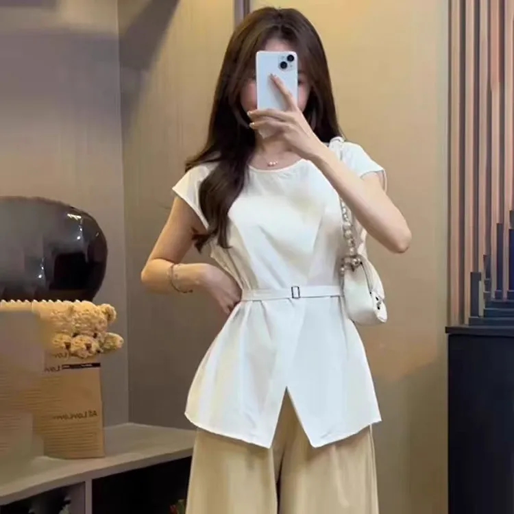 设计感收腰短袖正肩衬衫女夏季2025新款时尚简约百搭小众别致上衣