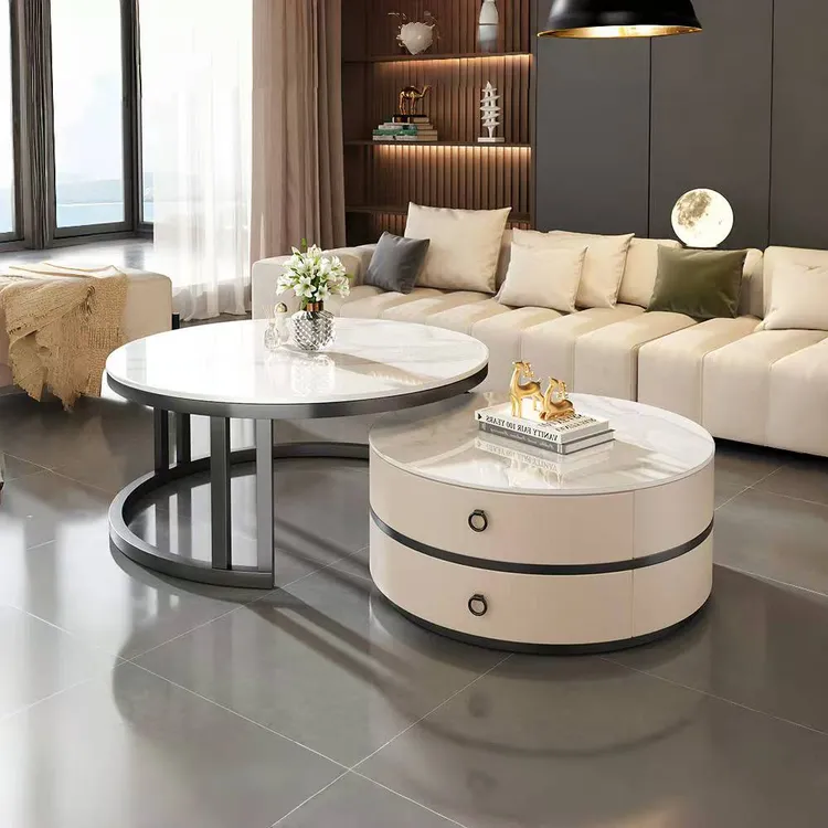 岩板茶几客厅家用2025新款小户型圆形玻璃轻奢简约现代电视柜组合