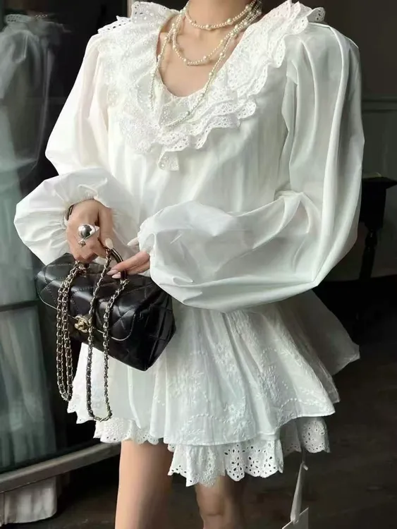 法式灯笼袖荷叶边长袖收腰蕾丝边白色连衣裙2025春夏新款短裙