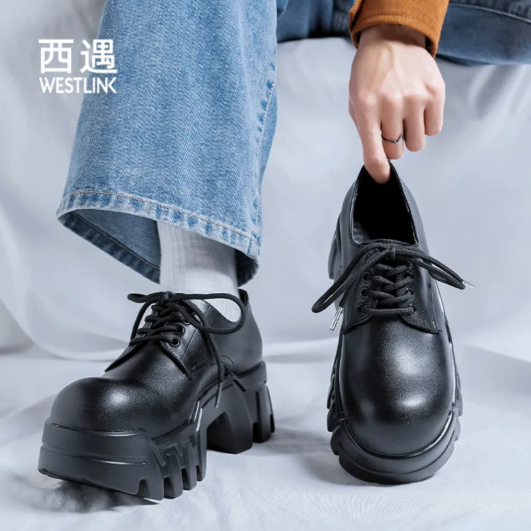 【设计师款】西遇潮流韩式风休闲皮鞋厚底增高系带德比鞋学生黑色款