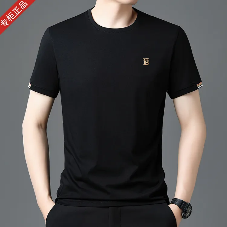 2025夏季时尚新英伦短袖T恤男商务休闲潮流高档纯棉圆领刺绣上衣