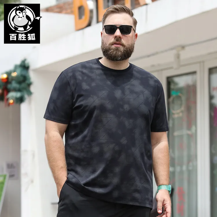 百胜狐大码男装短袖T恤2025夏胖子加肥宽松休闲扎染提花百搭上衣