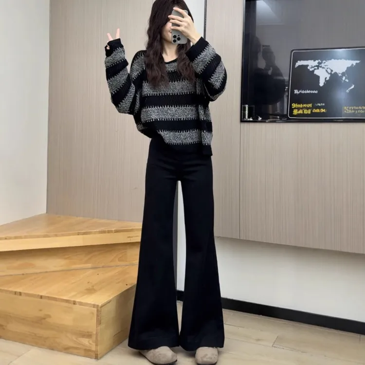 2583#黑色弹力极简风高腰春秋季显瘦微喇叭裤百搭牛仔裤外穿女裤