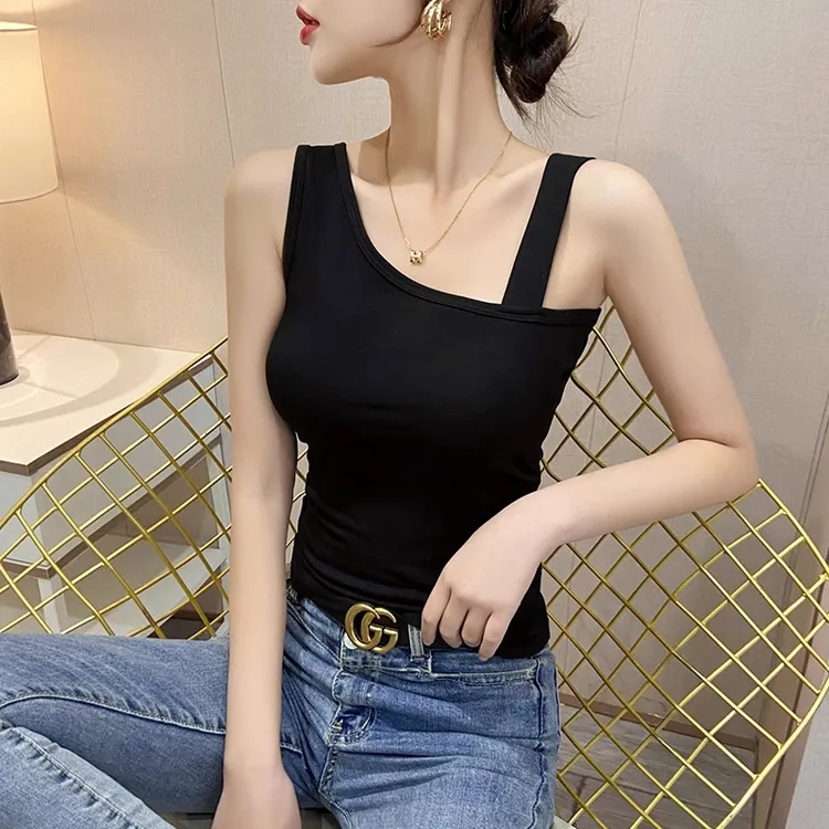 大码胖MM露锁骨斜领性感小吊带背心女夏季纯欲修身显瘦打底衫上衣