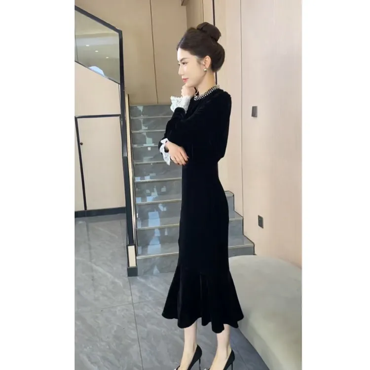 法式小香风黑色丝绒连衣裙子轻奢小众高端年会生日party小礼服春