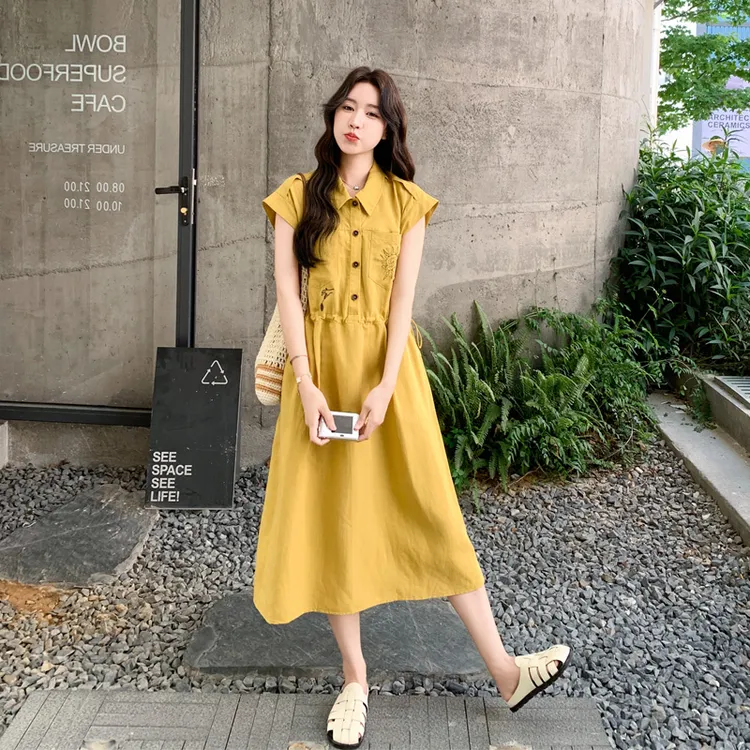 复古绣花收腰衬衫裙夏季女2025新款显瘦韩系松弛感时尚百搭连衣裙