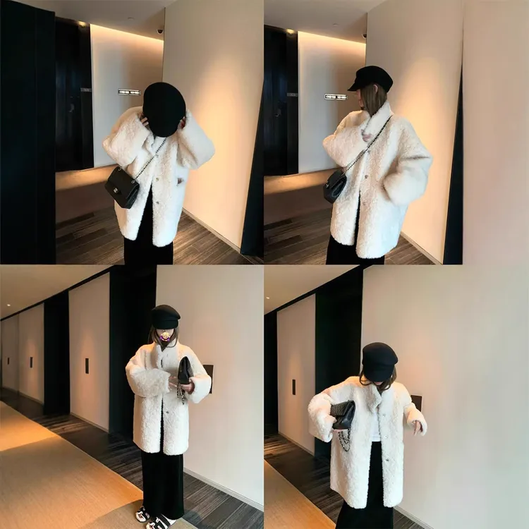 舒适衣橱~中长款皮毛一体外套女2025年冬季宽松羊羔毛上衣毛领
