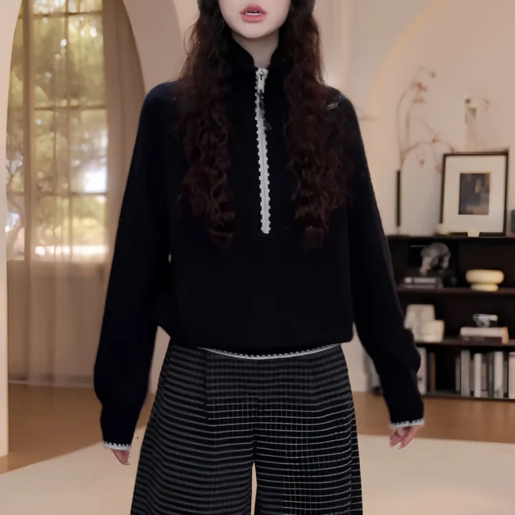 流行韩系半拉链针织衫女2025秋冬季新款撞色立领设计修身短款版型