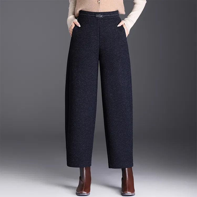 时尚毛呢弯刀哈伦裤女秋冬2025新款高腰宽松通勤直筒九分休闲裤子