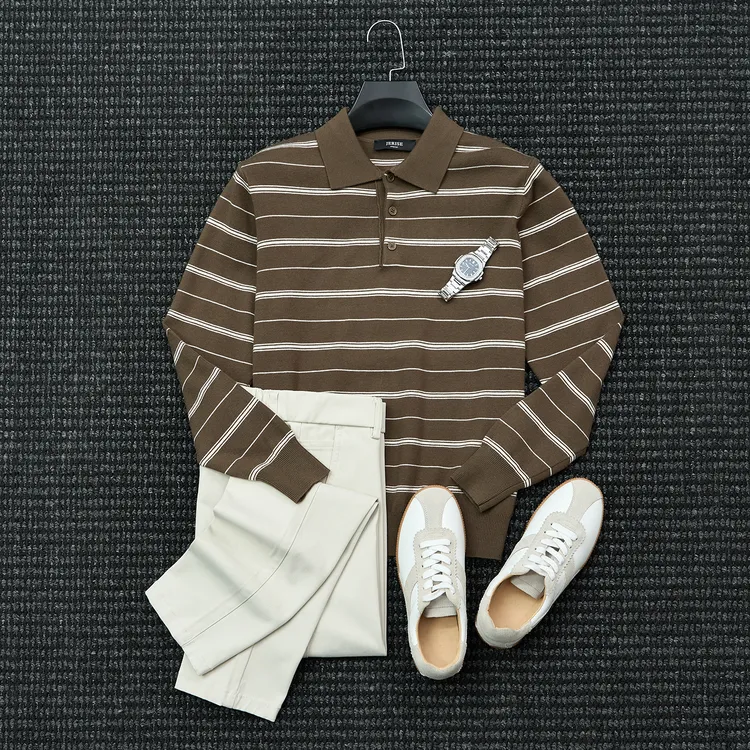 秋冬季撞色条纹翻领POLO衫男士商务通勤时尚保暖休闲针织衫毛衣